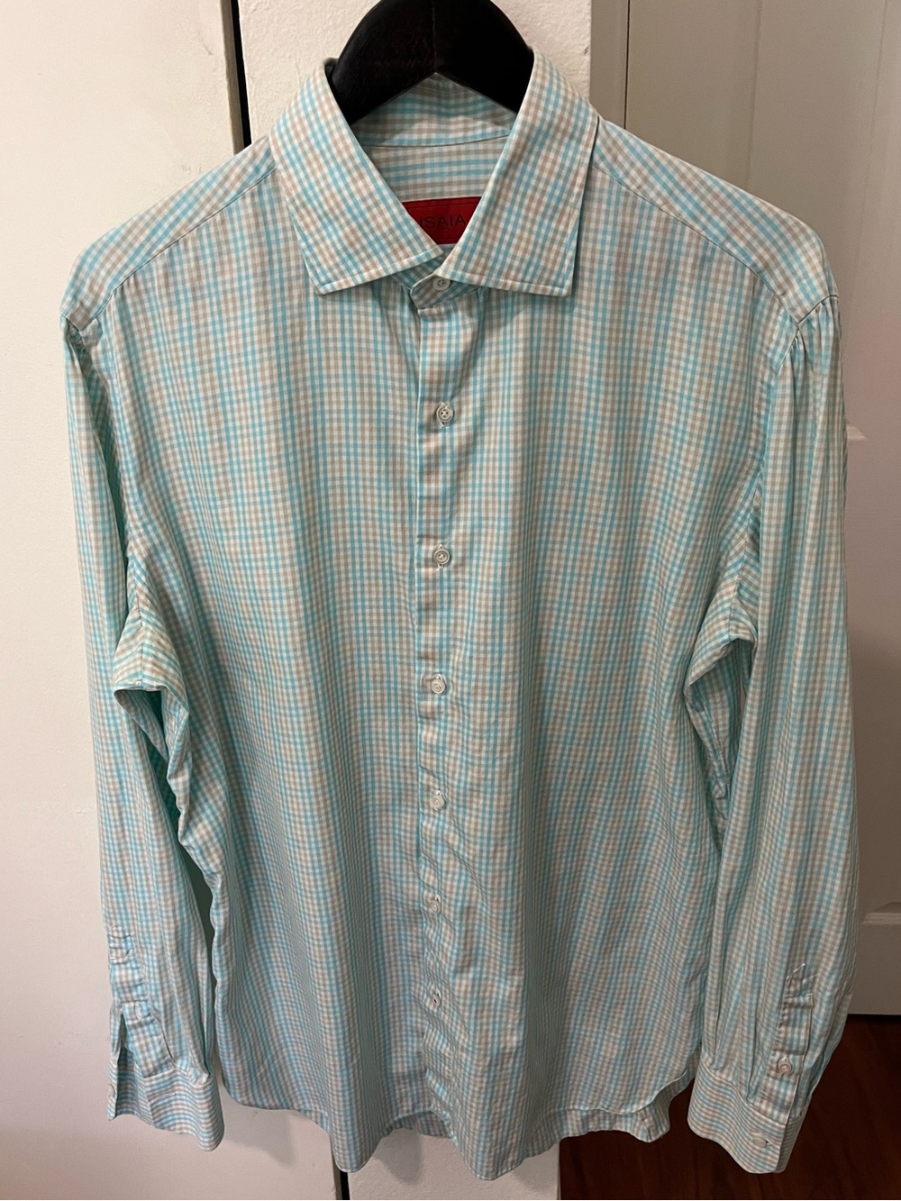 Isaia Mint and White Gingham Dress Shirt